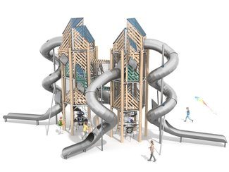 Două turnuri conectate din lemn de salcâm cu patru tobogane și joc educativ - BGL-8352 imagine principala