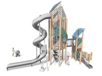 Două turnuri din lemn de salcâm conectate între ele, echipate cu tobogane și joc educativ. - BGL-8353 imagine principala