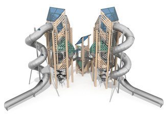 Două turnuri mari conectate cu unul mic din lemn de salcâm, echipate cu tobogane și joc educativ - BGL-8354 imagine principala