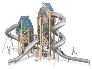 Două turnuri din lemn de salcâm cu tobogane și joc educativ pentru loc de joacă - BGL-8356 imagine principala