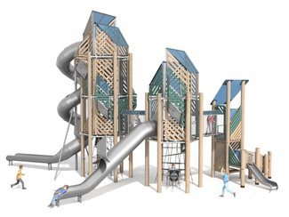 Trei turnuri din lemn de salcâm cu tobogane și joc educativ pentru loc de joacă - BGL-8357 imagine principala