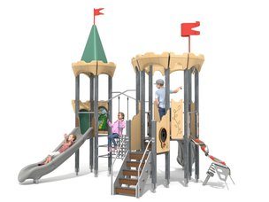 Castel cu două turnuri pentru loc de joacă cu tobogan și panou de cățărare - BGL-8606